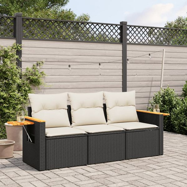 vidaXL 3-teilig Garten-Sofagarnitur mit Kissen Schwarz Poly Rattan, 3226595