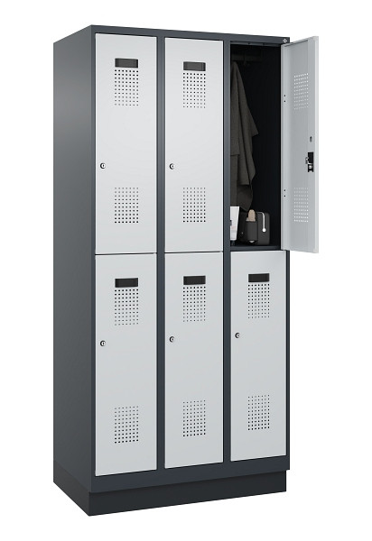 C+P Doppelstöckiger Spind Evolo PLUS, mit Sockel, 6 Fächer, 1950x900x500mm, 7016, Frontfarbe RAL 7035 Lichtgrau, Zylinderschloss, 049320-30 S10044