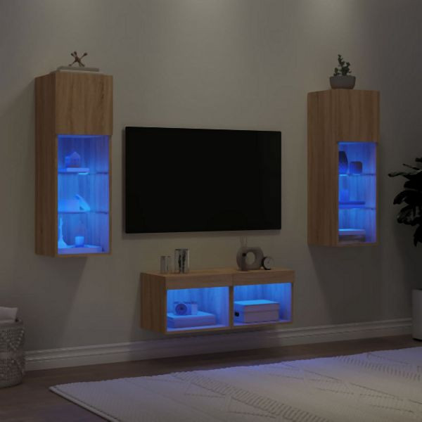 vidaXL 4-tlg. TV-Wohnwand mit LED-Leuchten Sonoma-Eiche, 3216578