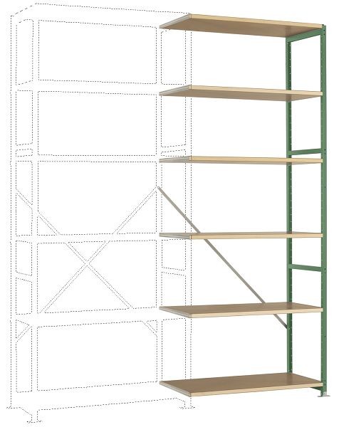 Manuflex Mittelschweres Fachboden-Steckregal Anbauregal mit 6 Holzverbundböden, HxBxT = 2500 x 1000 x 300 mm, resedagrün, RP1405.6011