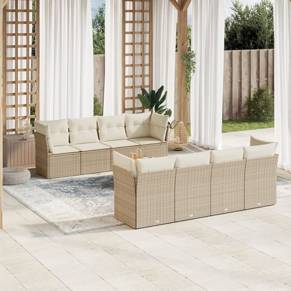 vidaXL 9-teilig Garten-Sofagarnitur mit Kissen Beige Poly Rattan, 3255855