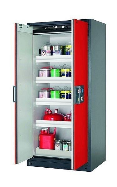 asecos Sicherheitsschrank Q-CLASSIC-90, Q90.195.090 in verkehrsrot RAL 3020 mit 4x Wannenboden Standard (Polypropylen), 30041-046-30052