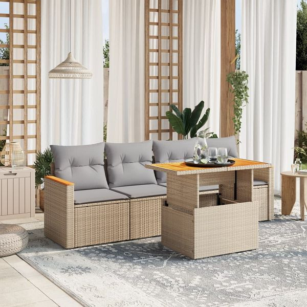 vidaXL 5-teilig Garten-Sofagarnitur mit Kissen Beige Poly Rattan, 3272956