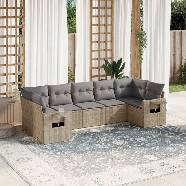 vidaXL 7-teilig Garten-Sofagarnitur mit Kissen Beige Poly Rattan, 3220588