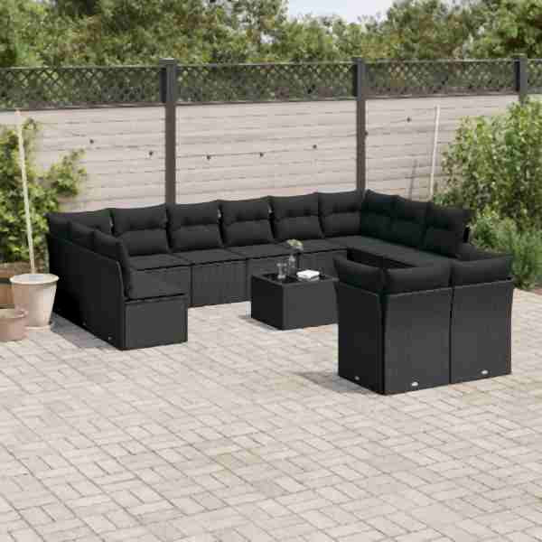 vidaXL 13-tlg. Garten-Sofagarnitur mit Kissen Schwarz Poly Rattan, UV-beständig, 3218435