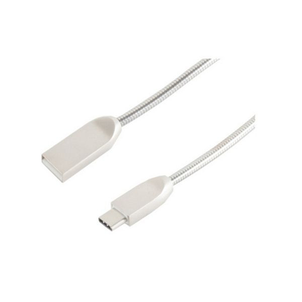 S-Conn USB Lade-Sync Kabel Design USB A Stecker auf USB 3.1C Stecker, Metallumantelung (Steel) Silber 1,6m, 14-12021