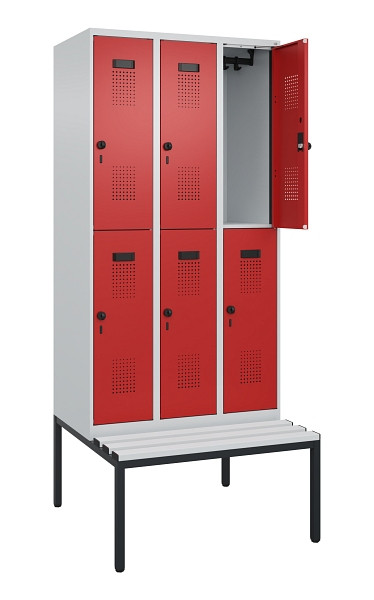C+P Doppelstock-Spind Evolo PLUS, Bank, 6 Fächer, 2120x900x815mm, 7035/3000, Drehriegel, Sitzfläche Kunststoff, Sitzbank, 0493507-30 S10084