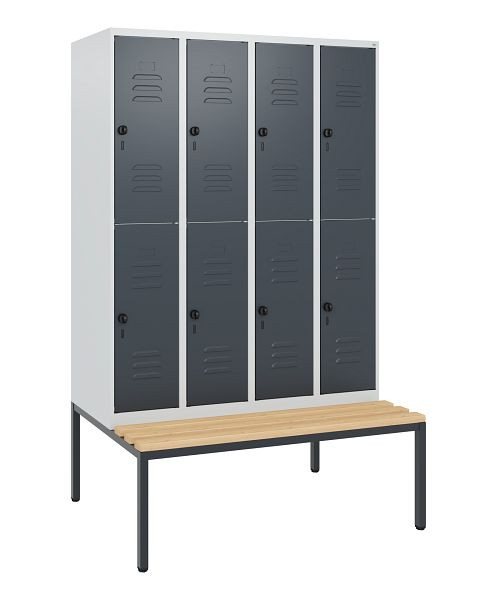 C+P Doppelstöckiger Spind Classic PLUS, 4 Abteile, 1950x1200x815mm, 7035/7016, Drehriegel, Buche-Sitzleisten, mit untergebauter Sitzbank, 0803505-40 S10008