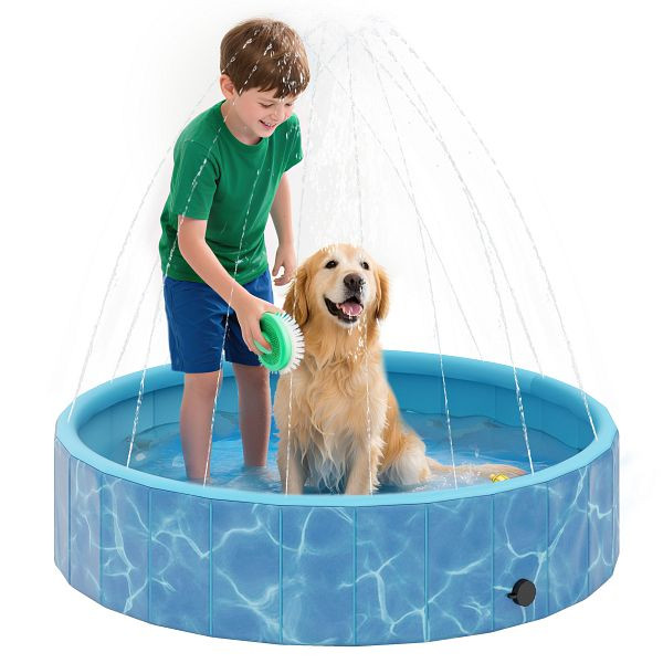 PawHut Hundepool Faltbar Planschbecken mit Brunnen- und Wasserpolsterdesign Ø120 x 30 cm Blau, D01-057V02BU