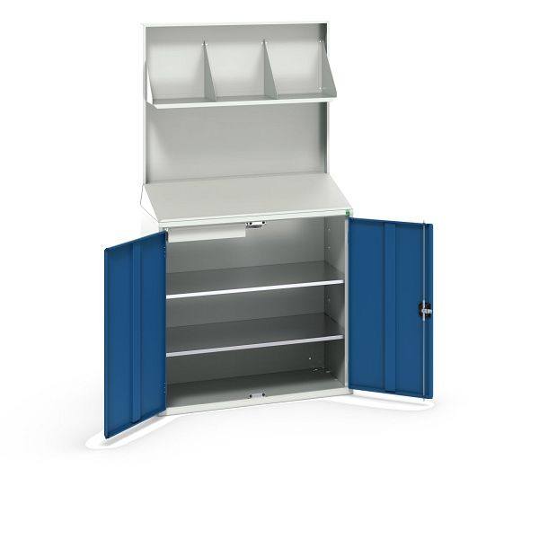bott verso Economy Pult mit glatter Rückwand, Ordnerablage, 2 Fachböden, 1 Schublade, BxTxH: 1050 x550 x 2000 mm, Lichtgrau / Enzianblau, 16929218.11