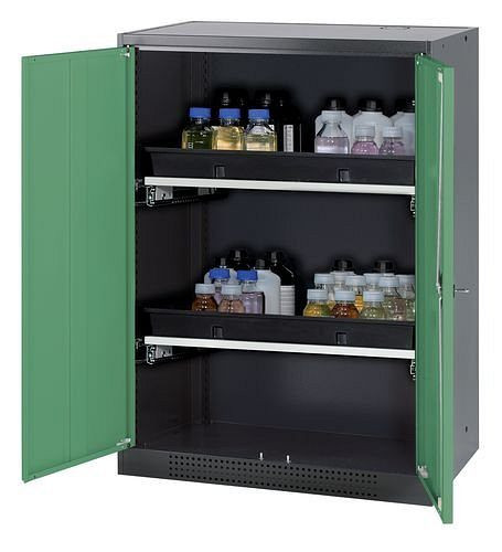 asecos Chemikalienschrank Systema-T CS-82, Korpus anthrazit, Flügeltüren grün, 2 Tablarauszüge, 208650