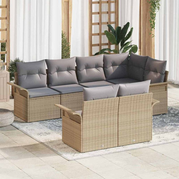 vidaXL Garten-Sofa-Set mit Kissen mit Speicher, 7er Set, Beige Poly Rattan, 3354069