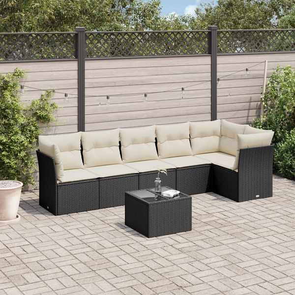 vidaXL 7-teilig Garten-Sofagarnitur mit Kissen Schwarz Poly Rattan, 3217666