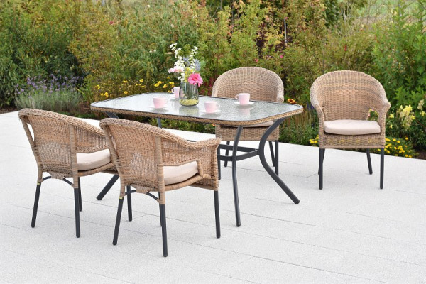 Merxx Ravenna Set 9-teilig, 4 Stapelsessel, 4 Sitzkissen, beige, 1 Tisch 150 x 85 cm, matte Glasplatte mit Geflechtrand, Graphit/Natur, 50937-311