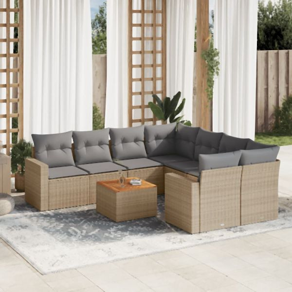 vidaXL 9-tlg. Garten-Sofagarnitur mit Kissen Beige Poly Rattan, 3256381