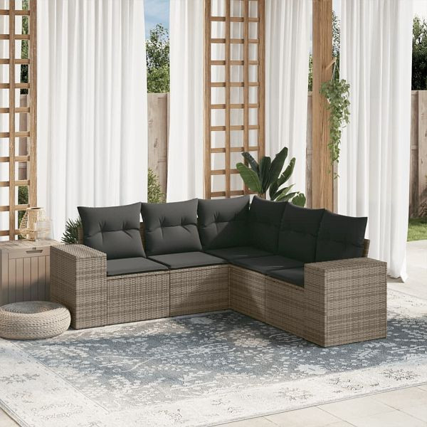 vidaXL 5-teilig Garten-Sofagarnitur mit Kissen Grau Poly Rattan, 3222549