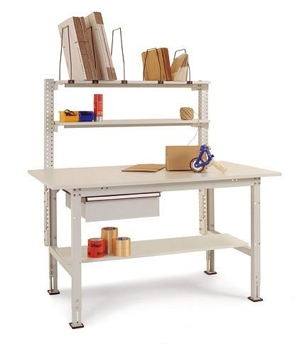 Manuflex Komplett-Packtisch PACKPOOL mit Schubfach und Zwischenboden, BxTxH = 1500 x 800 x 760-870 mm, Lichtgrau, AS1501.7035