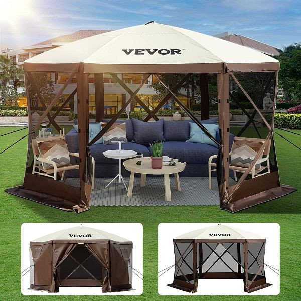 VEVOR Pavillon-Zelt, 3,6 x 3,6 m, 6-seitiges mit Netzfenstern, Tragetasche, Erdnägeln, großen Schattenzelten, MZY612FT12FT604DRV0