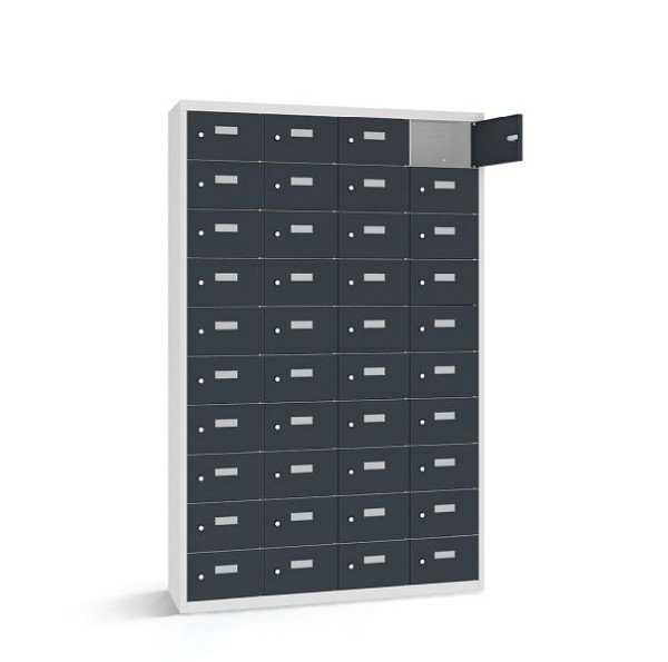 Rotstahl Wertfachschrank, 40 Fächer, Tür einwandig, kurzer Sockel, Korpus: lichtgrau, Türen: anthrazitgrau, 2161-041000-1151112-7035-7016