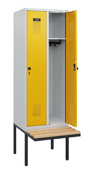 C+P Spind Evolo PLUS, 2 Abteile, 1950x600x815mm, 7035/1004, Drehriegel, Sitzfläche Holz, 0490405-20 S10000
