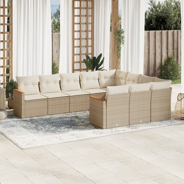 vidaXL 10-teilig Garten-Sofagarnitur mit Kissen Beige Poly Rattan, 3226338