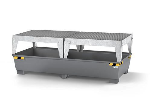 DENIOS Auffangwanne pro-line für 2 IBC, grau lackiert, 2 Abfüllböcke, 273889