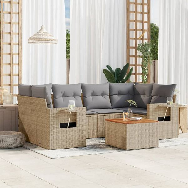 vidaXL 7-teilig Garten-Sofagarnitur mit Kissen Beige Poly Rattan, 3256794
