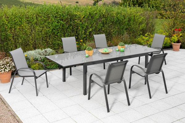 Merxx Amalfi Set 7-teilig, 6 Amalfi Stapelsessel, 1 Semi-Ausziehtisch, 200 (300) x 110 cm, graue Glasplatte, graphit/grau, 50325-309