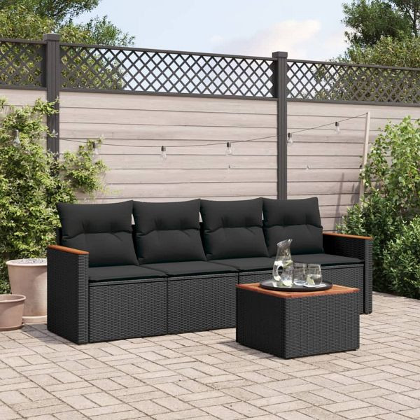 vidaXL 5-teilig Garten-Sofagarnitur mit Kissen Schwarz Poly Rattan, 3258177