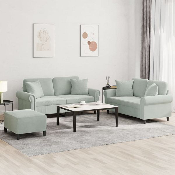 vidaXL 3-teilig Sofagarnitur mit Kissen Hellgrau Samt, 3202240
