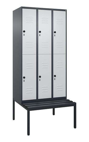 C+P Doppelstöckiger Spind Classic PLUS, 3 Abteile, 2120x900x815mm, 7016/7035, Drehriegel, mit untergebauter Sitzbank, 0803507-30 S10118