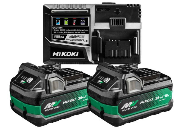 HiKOKI 36V Booster Pack, 14,4-36 Volt Ladegerät, 2.5Ah Slide Akku, BSL36A18X x 2 + UC18YSL3, UC18YSL3WHZ