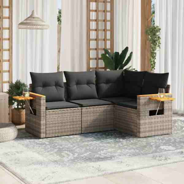 vidaXL 4-tlg. Garten-Sofagarnitur mit Kissen Grau Poly Rattan, UV-beständig, 3259176