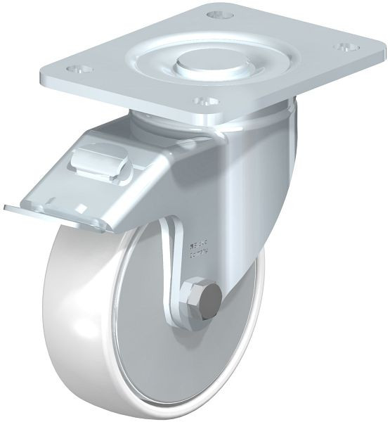 Blickle LH-PO 125G-3-FI-FA Stahlblech-Lenkrolle, Schwerlast-Ausführung, mit Anschraubplatte & Feststeller, Polyamid, Weiß, 750004