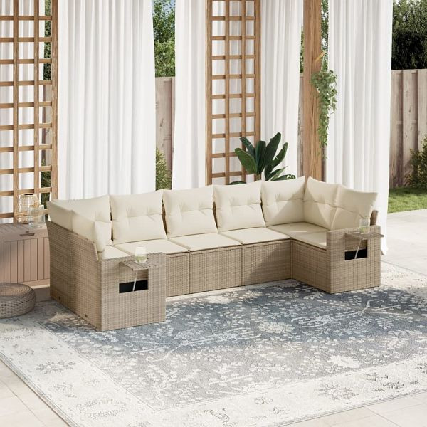 vidaXL 7-teilig Garten-Sofagarnitur mit Kissen Beige Poly Rattan, 3220587