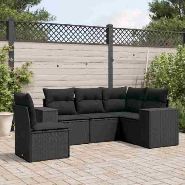 vidaXL 5-tlg. Garten-Sofagarnitur mit Kissen Schwarz Poly Rattan, UV-beständig, 3222564
