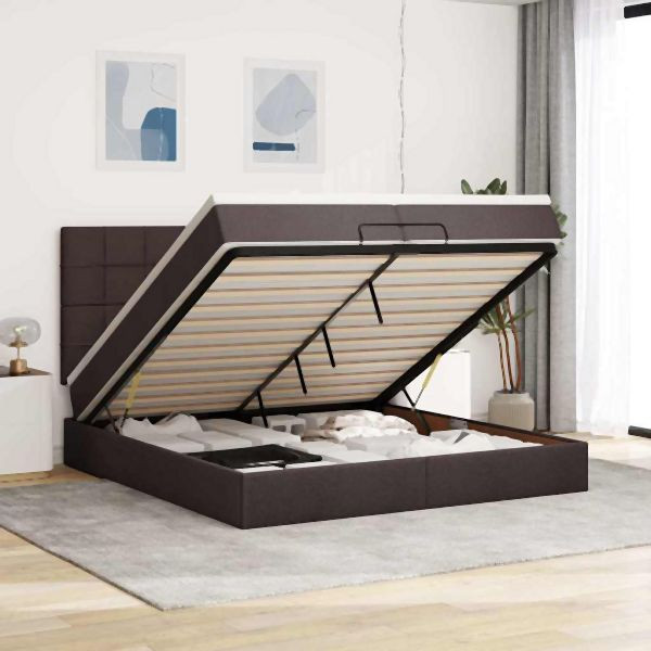 vidaXL Ottoman-Bett mit Matratzen & LEDs Dunkelbraun 200x200 cm Stoff, 3314034