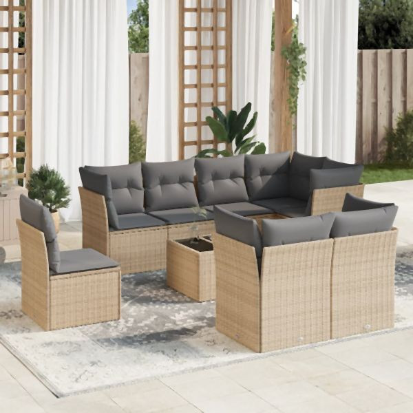 vidaXL 9-tlg. Garten-Sofagarnitur mit Kissen Beige Poly Rattan, 3249778
