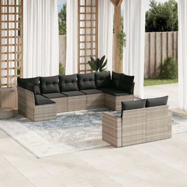 vidaXL 9-tlg. Garten-Sofagarnitur mit Kissen Hellgrau Poly Rattan, 3219412