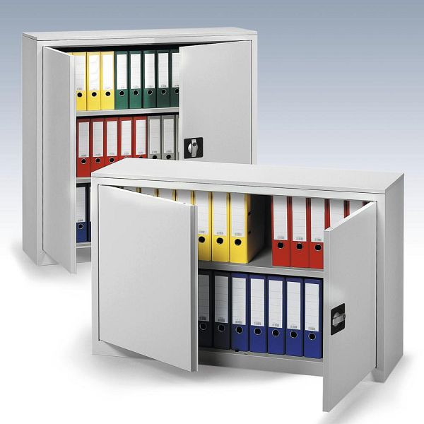 Deskin Flügeltürenschrank BASE L, Stahl, Lichtgrau RAL 7035, B 1200 x H 1200 x T 380 mm, 132151