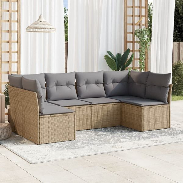 vidaXL 6-teilig Garten-Sofagarnitur mit Kissen Beige Poly Rattan, 3217389
