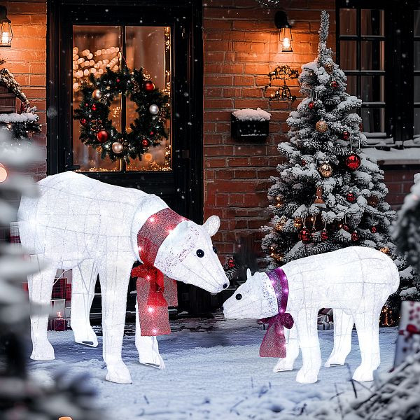 Outsunny 2-teilige Eisbären-Weihnachtsdekoration, 140 weiße LEDs, Wasserfest, Timer, für drinnen und draußen, 84J-132V90WT