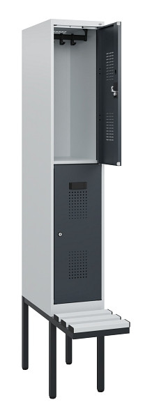 C+P Doppelstock-Spind Evolo PLUS, Bank, 2 Fächer, 1950x300x815mm, 7035/7016, Zylinderschloss, Sitzfläche Kunststoff, 0493405-10 S10147