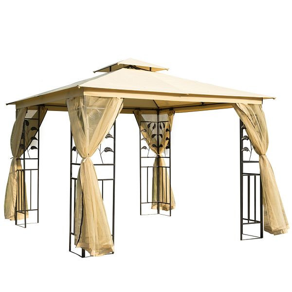 Outsunny Luxus Pavillon 3x3 m Gartenpavillon mit Doppeldach Partyzelt mit Seitenteilen Festzelt Gartenzelt Pagode Beige, 01-0874
