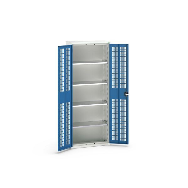 bott verso Flügeltürschrank mit Belüftung, mit 4 Fachböden, BxTxH: 800 x 350 x 2000 mm, Lichtgrau / Enzianblau, 16926733.11