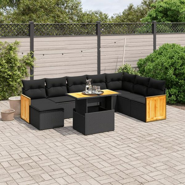 vidaXL 9-teilig Garten-Sofagarnitur mit Kissen Schwarz Poly Rattan, 3274093