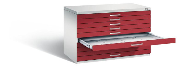 C+P Flachablageschrank Serie 7100_7200, H760xB1100xT765mm, Farbe: Lichtgrau / Rubinrot, Bügelgriff, 7101-000 S10192