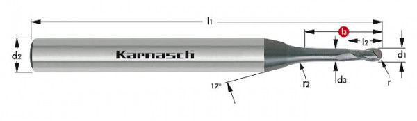 Karnasch VHM-Micro-3D-Radiusfräser d= 1,50 / r= 0,75 / L3= 15,0 / d2= 4 / Z= 2 DCC 0318 - Graphit/Zirkonium, 3065530150150