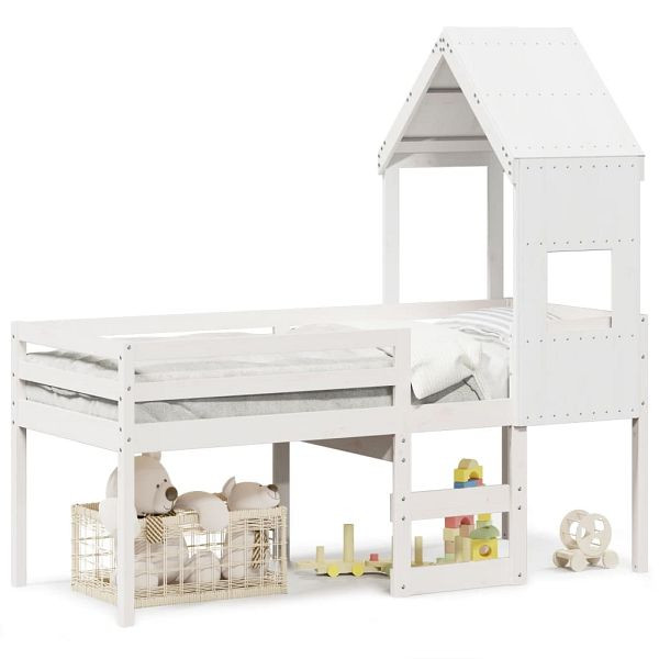 vidaXL Hochbett mit Dach Weiß 75x190 cm Massivholz Kiefer, 3282020