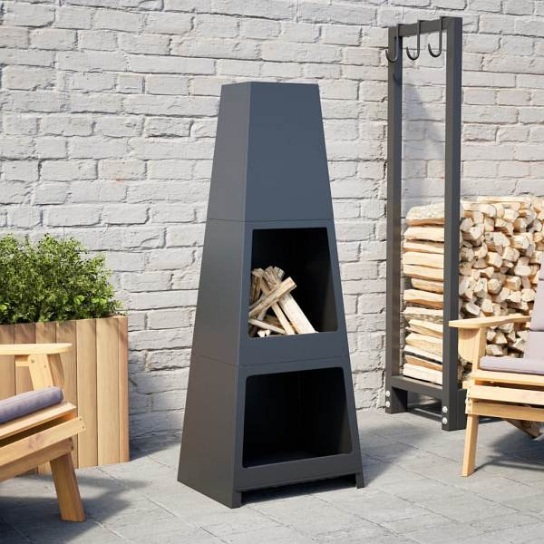 vidaXL Gartenkamin mit Holzablage Turm-Design Schwarz Stahl, 4005750